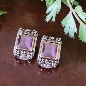 Chunky Purple Cats Eye Silver & Gold Metal Clip On Earrings 1980's